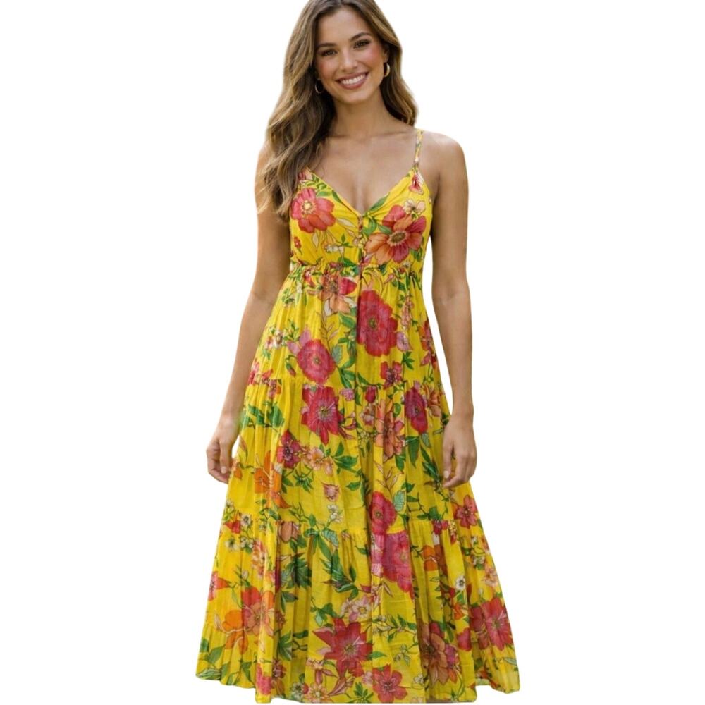 Band of the Free Yellow Pink Floral Midi Dress Button Front Tie Back Women's L